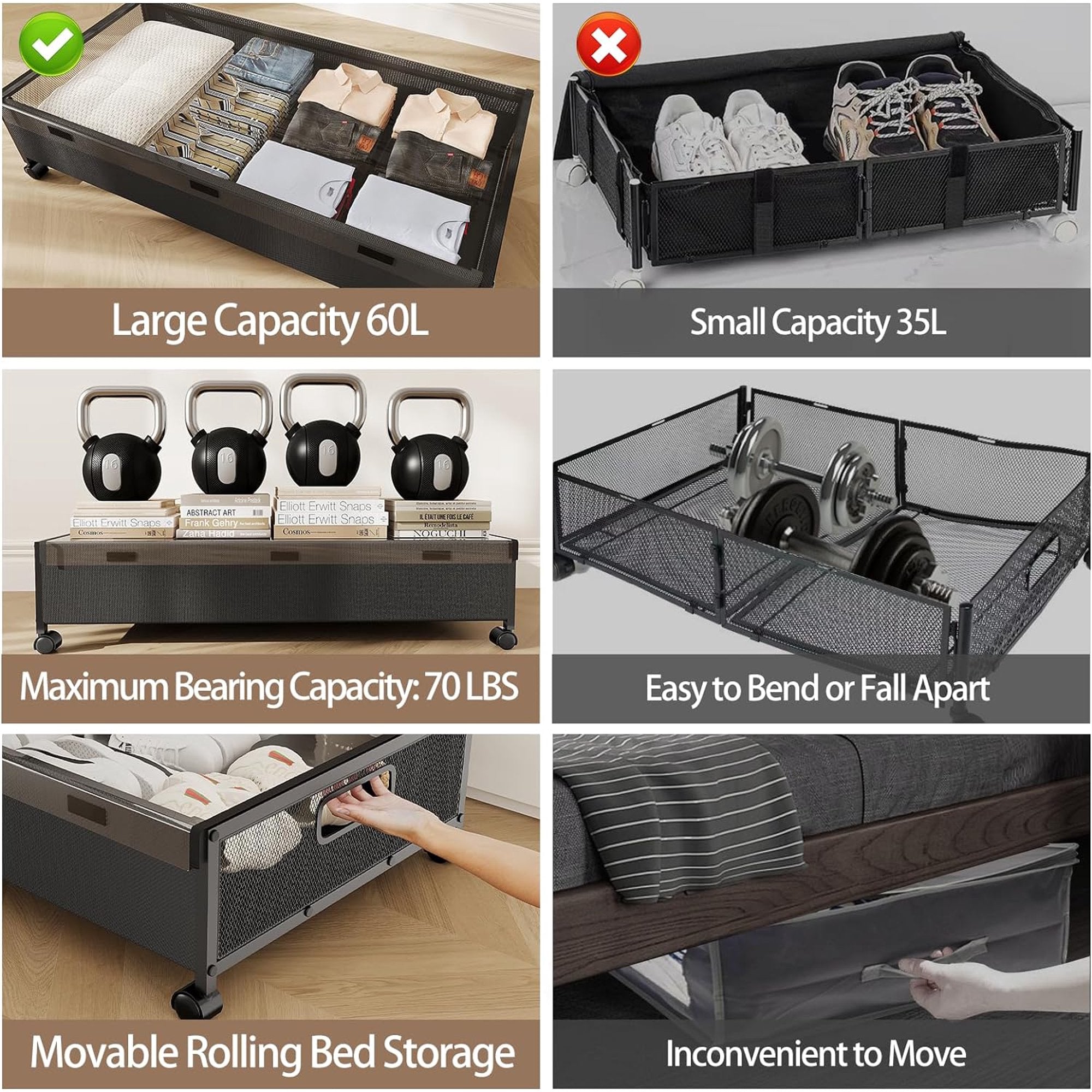 Black 2 Pack Rolling Under Bed Storage Drawer X65099