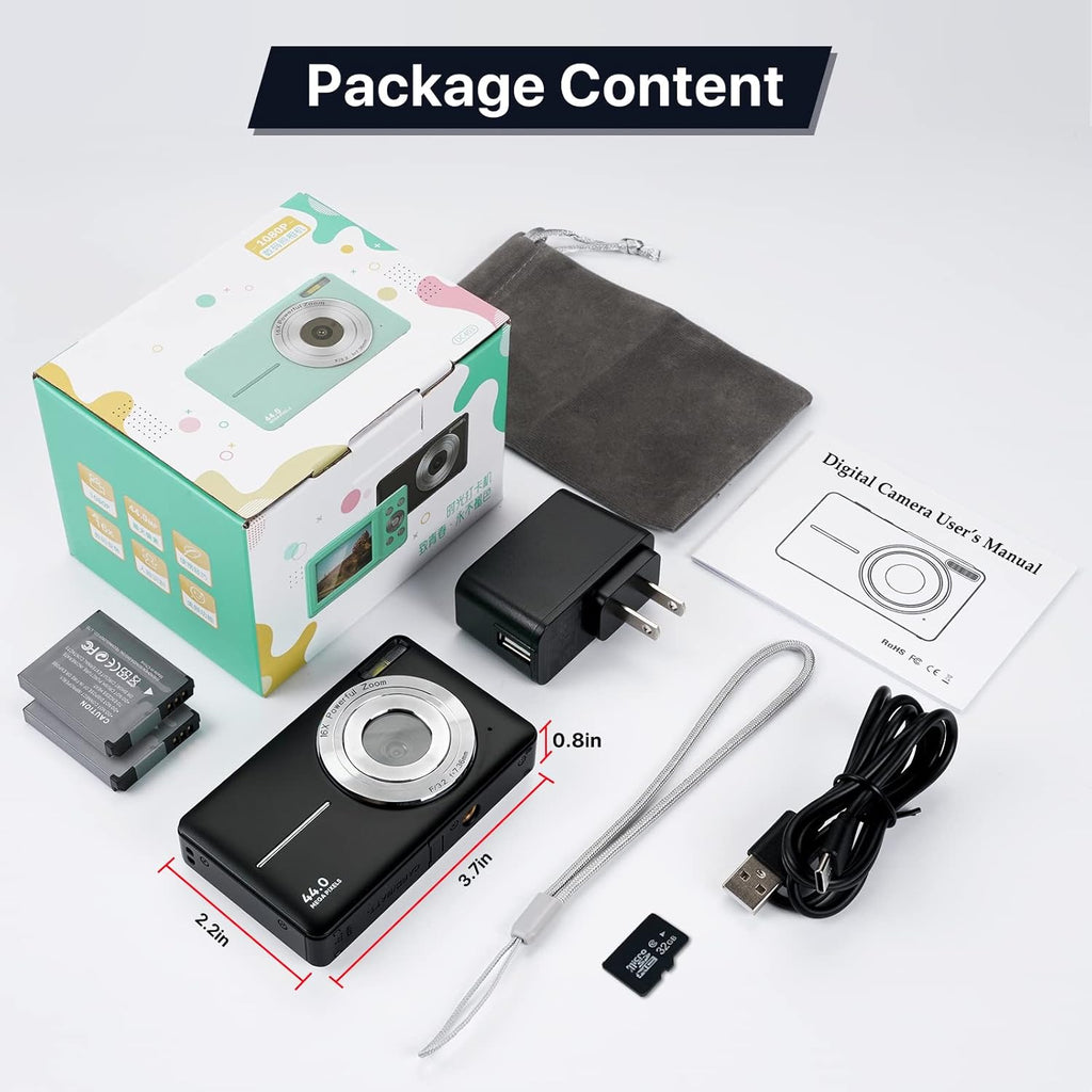 Black 44MP FHD 1080P Compact Digital Camera with 32GB Card F731