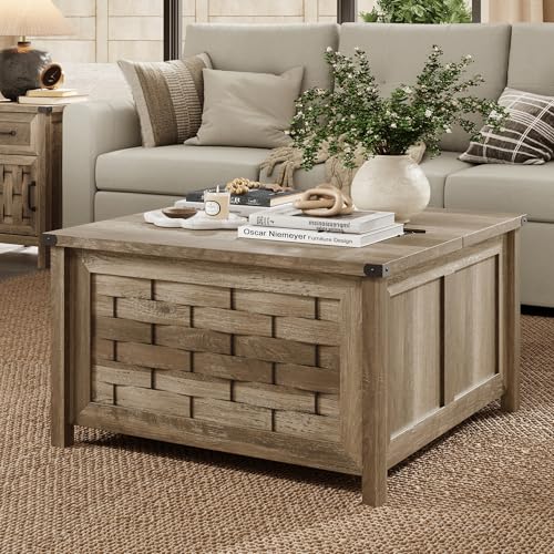 Light Brown 31.5" Square Coffee Table with Hinged Lift Top O6923