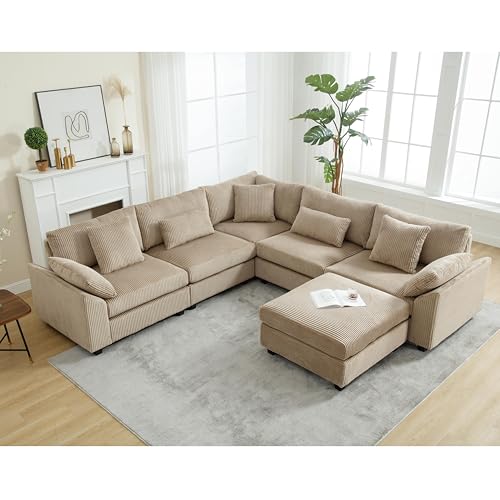 Oversized Corner Modular Sectional Sofa Set, L-Shaped Couch with Movable Ottoman and 7 Pillows, Corduroy Fabric Deep Seat 6 Seater Cloud Couch (Beige) V8367