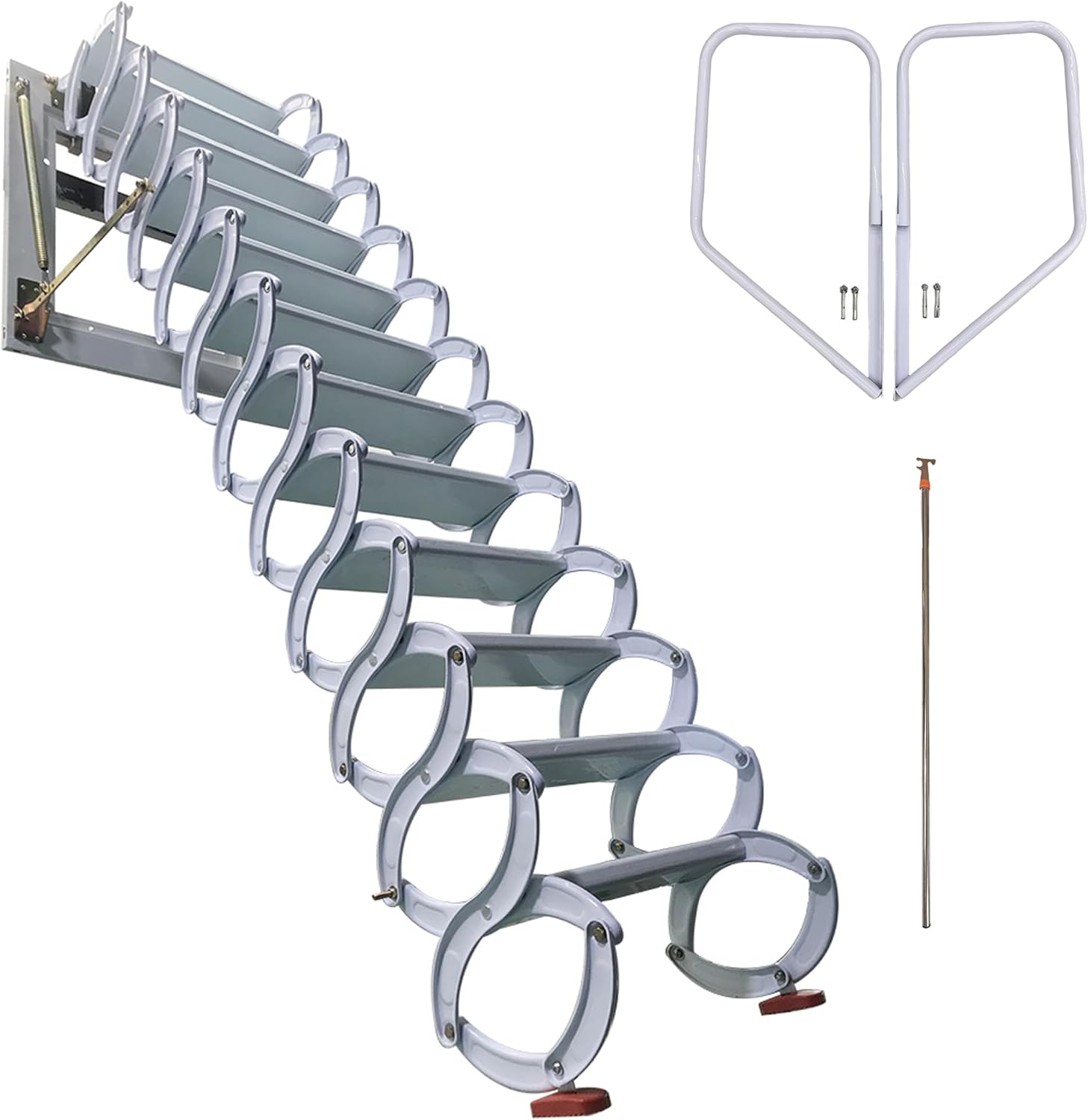 Al-Mg Alloy Attic Steps Pull Down 12 Steps Folding Ladder with Armrests 9.8ft Height 27.6x27.6in Frame Size G8555