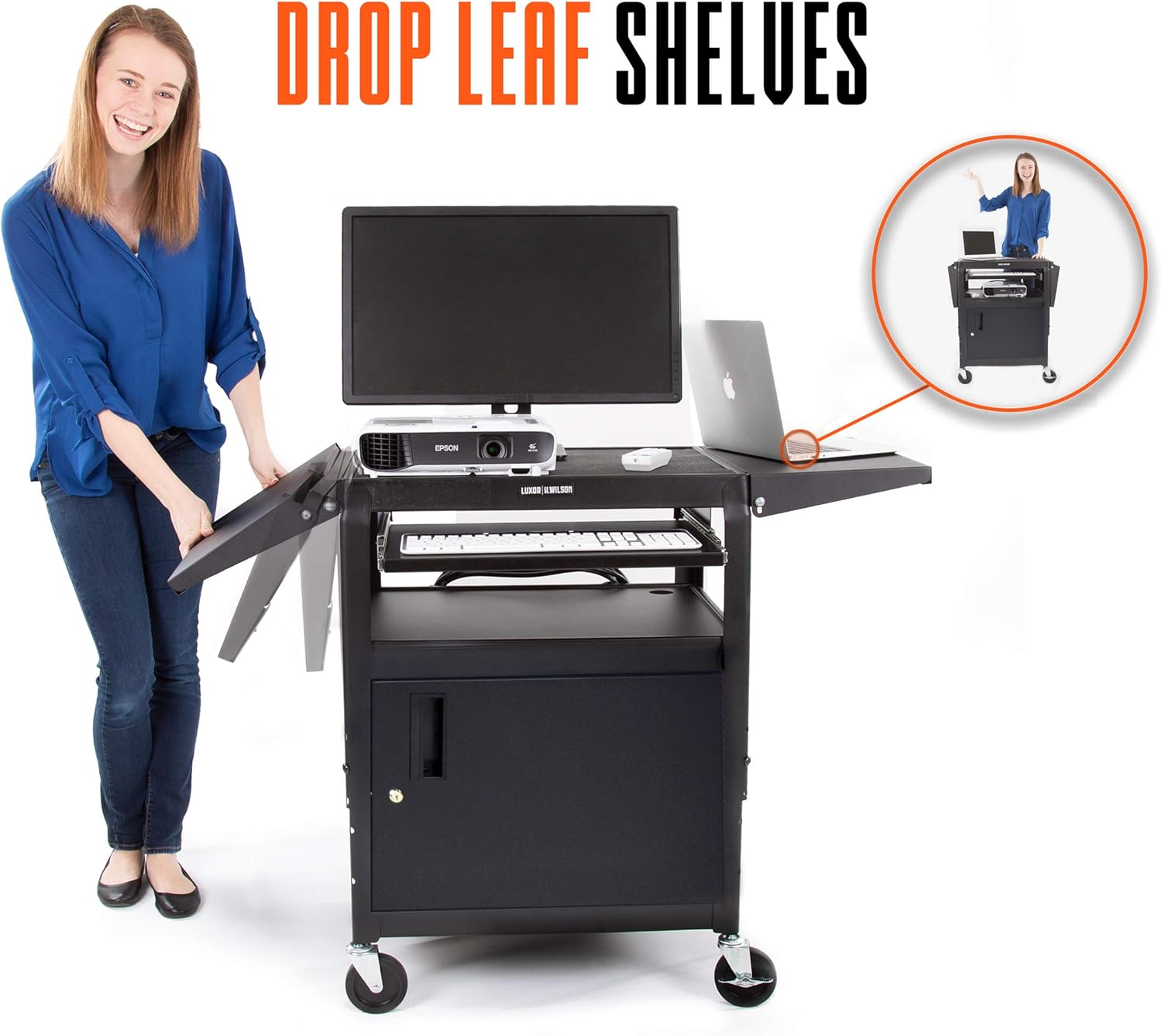 Black Height Adjustable Utility Cart with Locking Cabinet and Drop Leaves V789