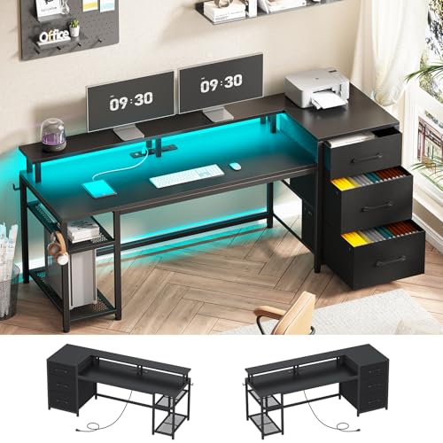 Rustic Brown Office Desk with Drawers and LED Lights L541
