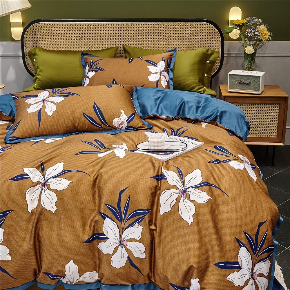 White Queen Green Tropical Leaves Pattern Reversible Cotton Duvet Cover Set C3084