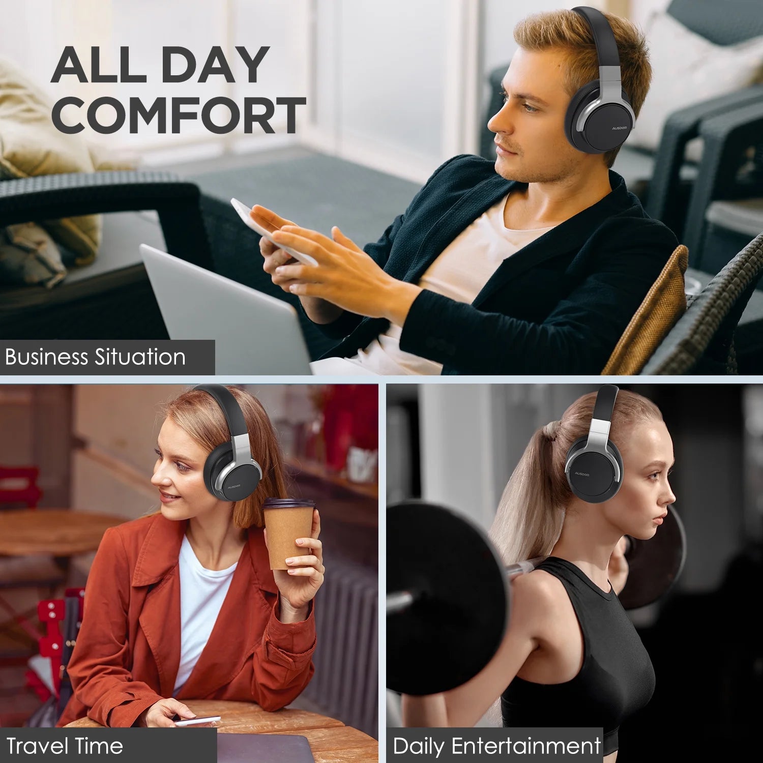 Black Active Noise Cancelling Wireless Over Ear Headphones with Mic E938