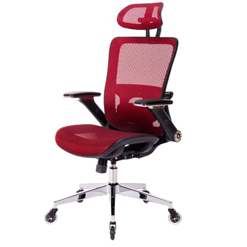 Red Mesh High Back Office Chair with Adjustable Headrest and Flip-Up Arms J91593