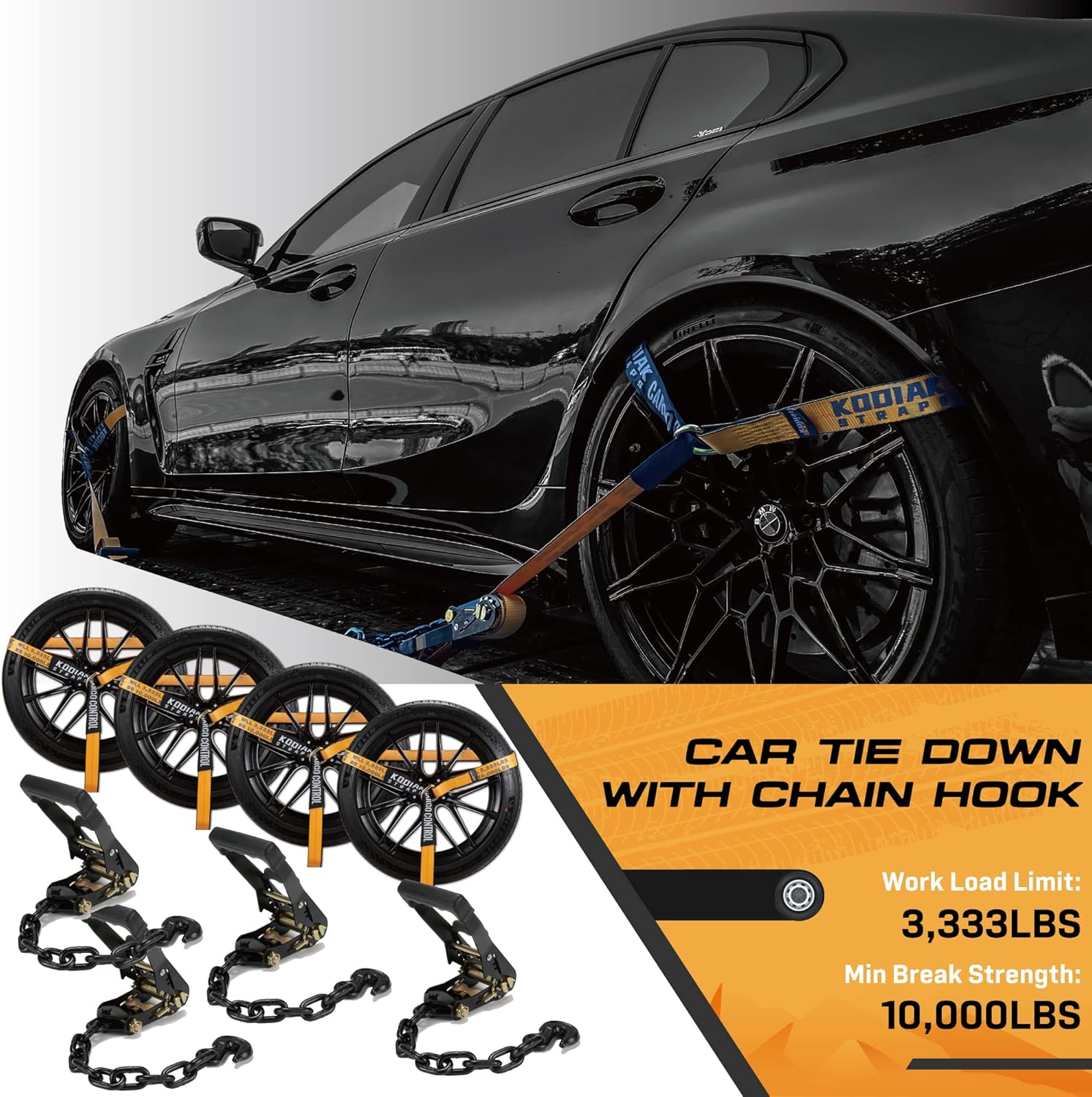 4 Pack Ratchet Car Tie Down Strap with Chain Hooks 2" x 144' Heavy Duty 10,000lbs Min Break Strength Tire Straps N866127