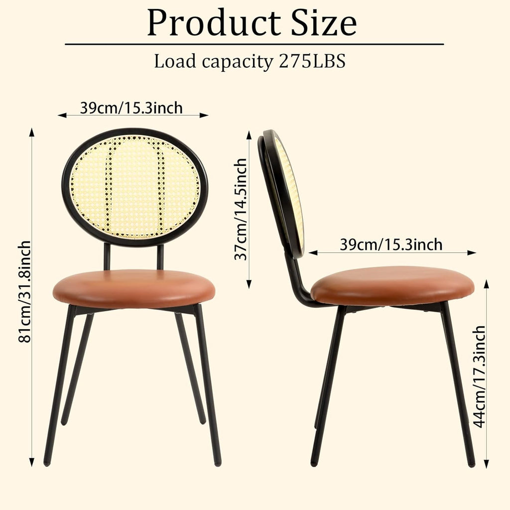 Set of 4 Dining Chairs with Rattan Backrest and PU-Leather Cushion Seat (Brown) P716