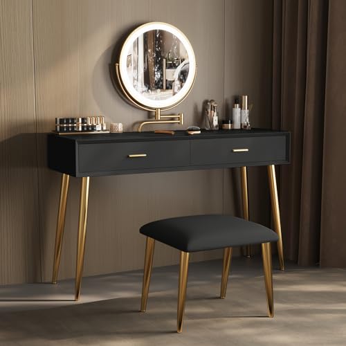 Black 31.5in Vanity Desk Set with 360° Rotating Mirror and Lights, 2 Drawers, Stool M352738