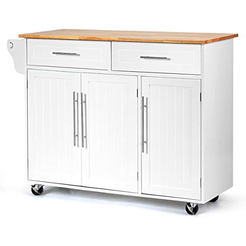 White Kitchen Island Cart Rolling Storage Trolley with Lockable Castors, 2 Drawers, 3 Door Cabinet K65860