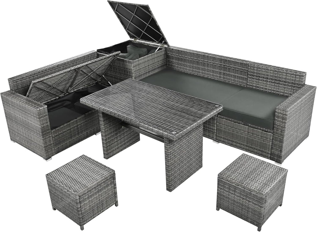 Grey 6-Piece PE Rattan Sofa Set with Tempered Glass Top Table S942
