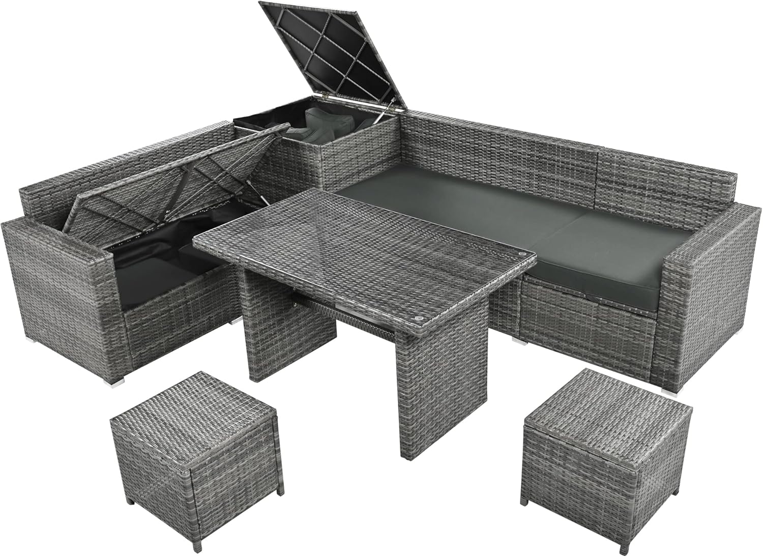 Grey 6-Piece PE Rattan Sofa Set with Tempered Glass Top Table S942