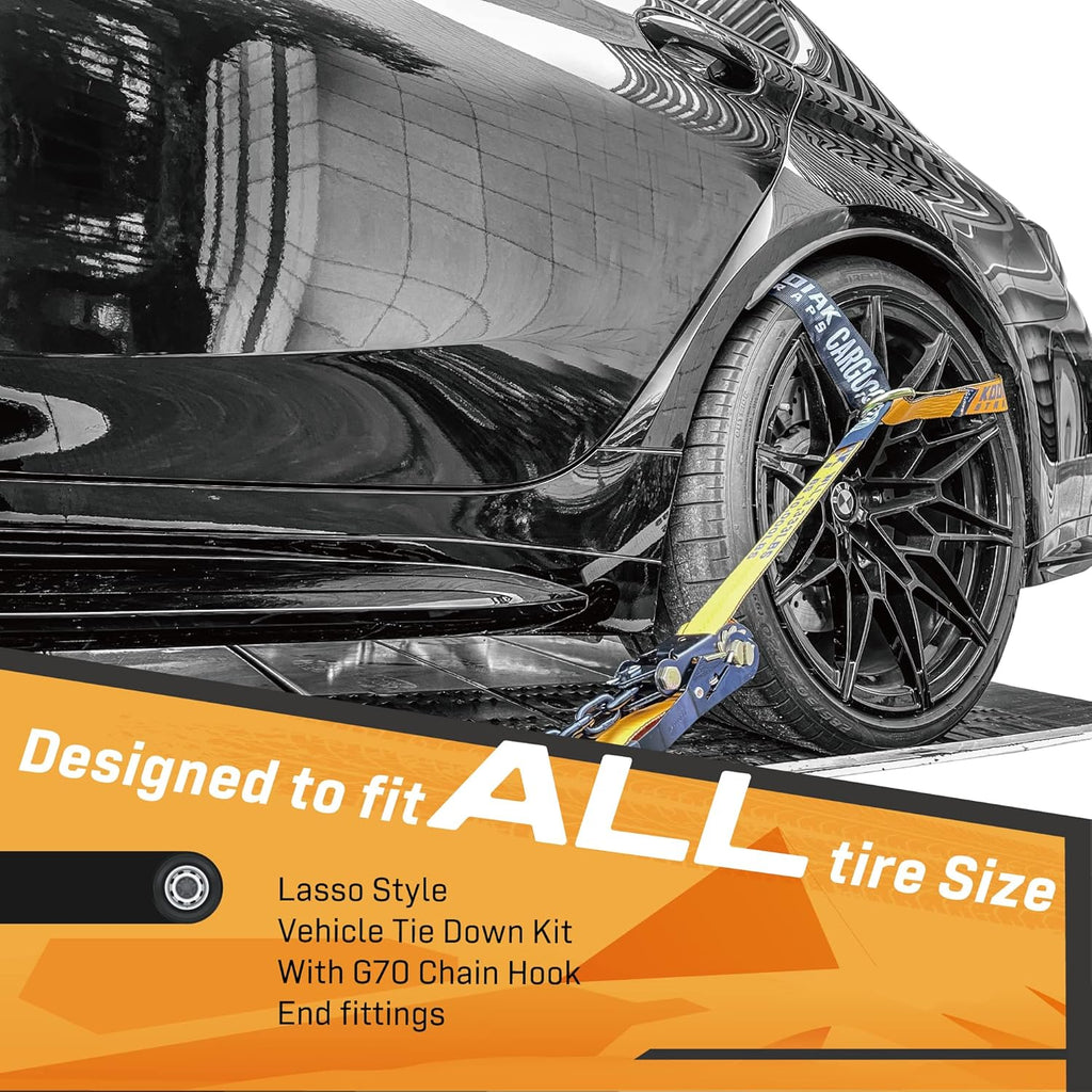 4 Pack Ratchet Car Tie Down Strap with Chain Hooks 2" x 144' Heavy Duty 10,000lbs Min Break Strength Tire Straps N866127