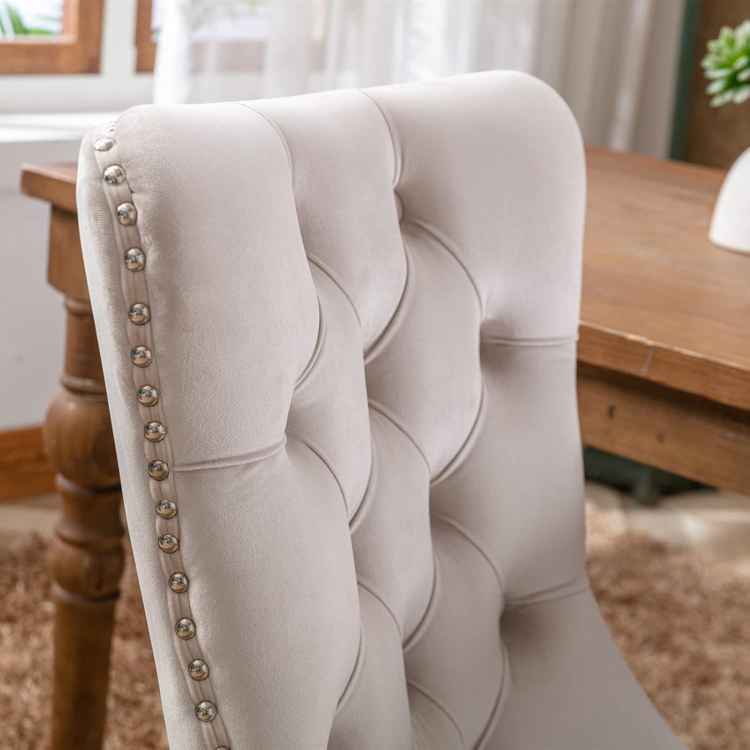 Beige Velvet Upholstered Dining Chair 2-Pcs Set D8271