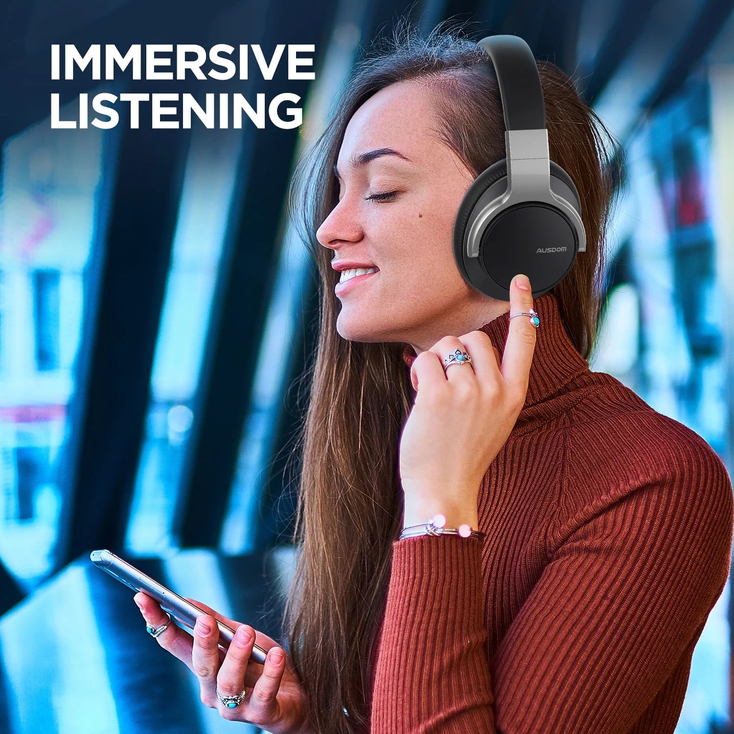 Black Active Noise Cancelling Wireless Over Ear Headphones with Mic E938
