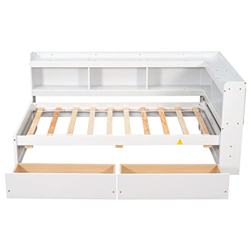 White Pine Wood Twin Size Platform Bed with L-shaped Bookcase Headboard and 2 Storage Drawers S79788