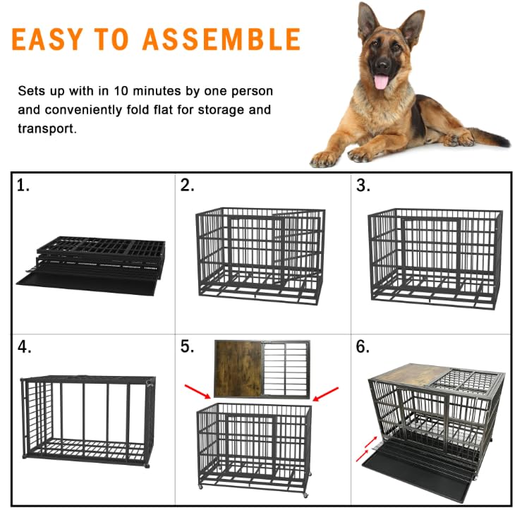 Heavy Duty Dog Crate Cage with Woodtop, Steel Kennel, Double Door and Tray C5927
