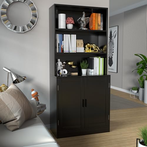 Black 5 Tier Tall Bookcase with Doors B4376