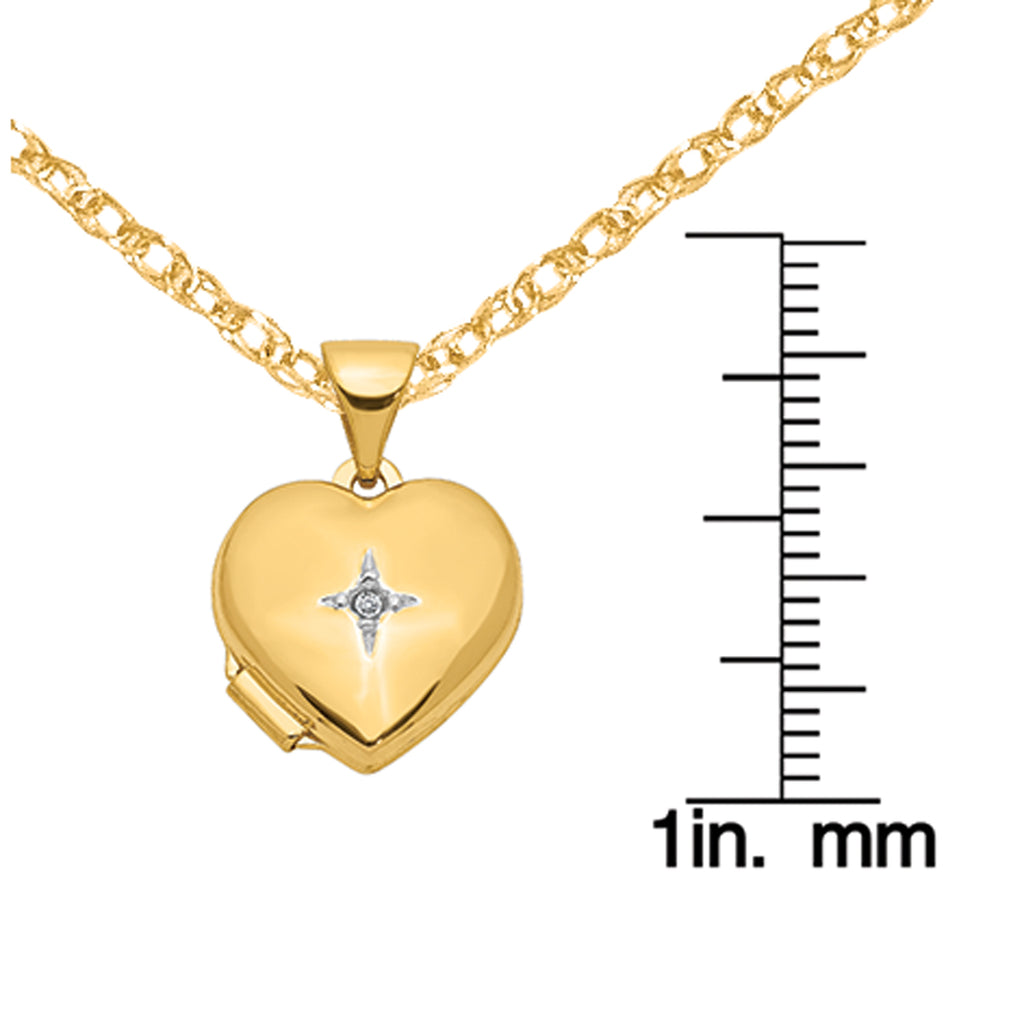 14 Karat Yellow Gold 12mm Heart Diamond Locket on 18-inch Cable Rope Chain B2197