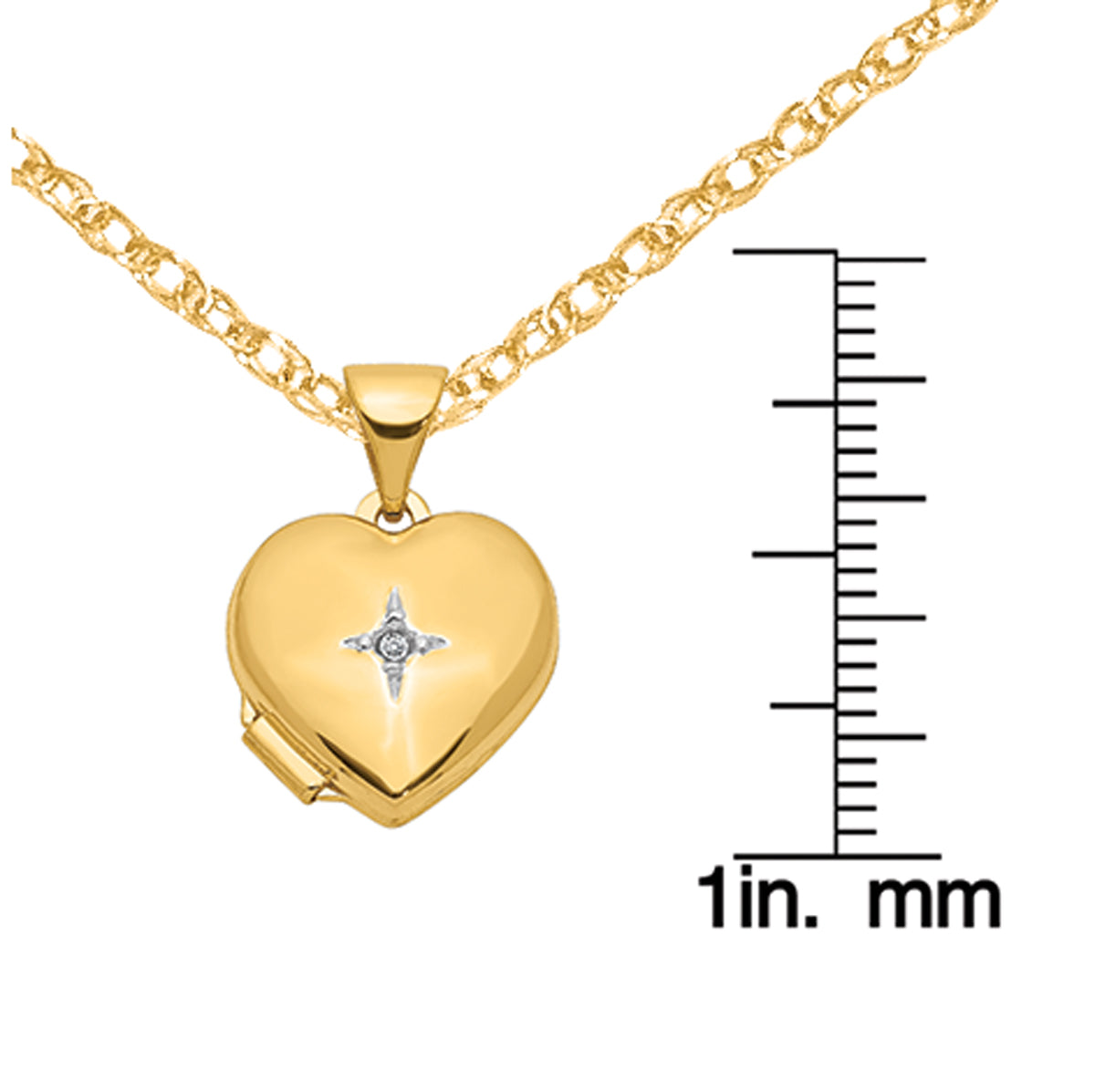 14 Karat Yellow Gold 12mm Heart Diamond Locket on 18-inch Cable Rope Chain B2197