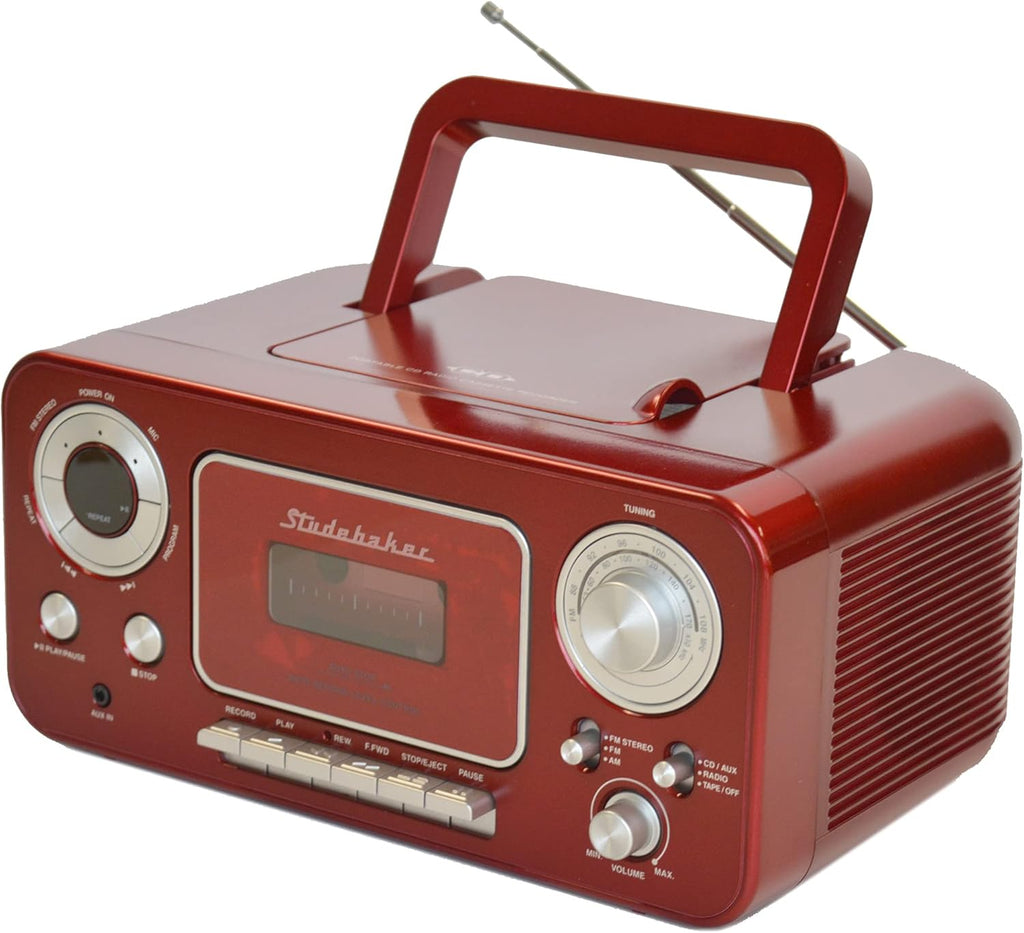 Portable Stereo CD Player with AM/FM Radio and Cassette Player in Red and Silver J32923