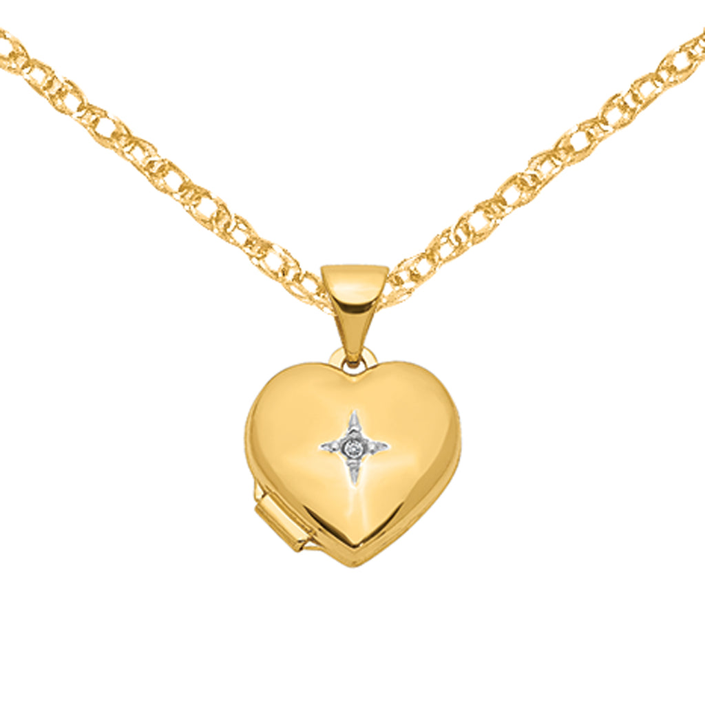 14 Karat Yellow Gold 12mm Heart Diamond Locket on 18-inch Cable Rope Chain B2197