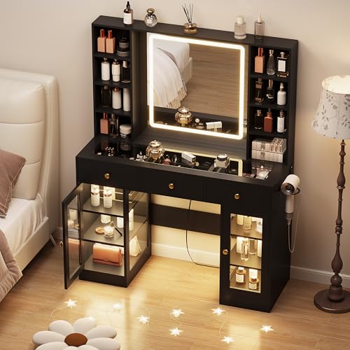 White Glass Top Vanity Desk with Mirror and Lights and 3 Drawers Q344870