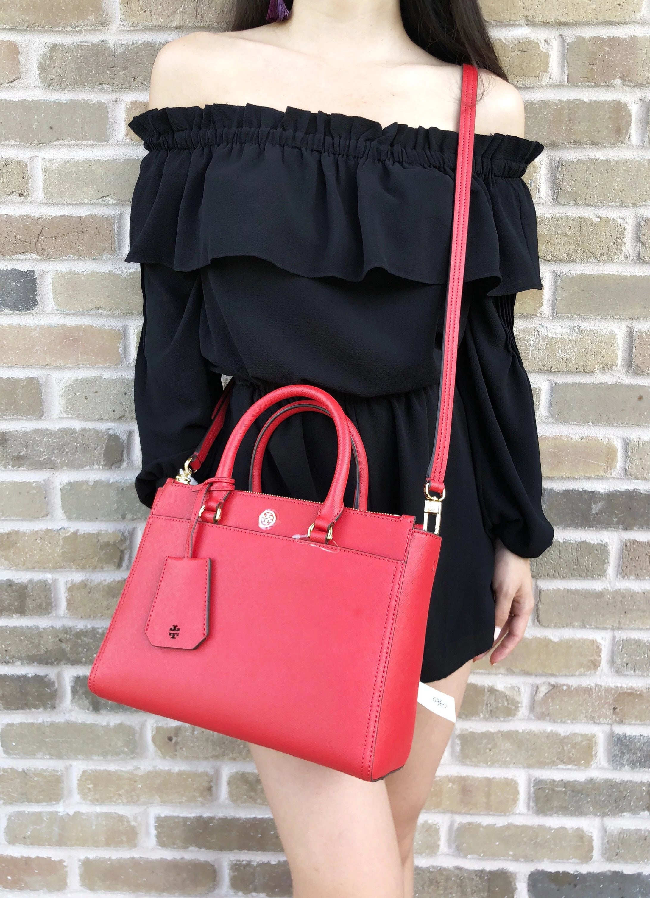 Small Double Zip Tote Satchel Crossbody Bag Poppy Orange Red K96922