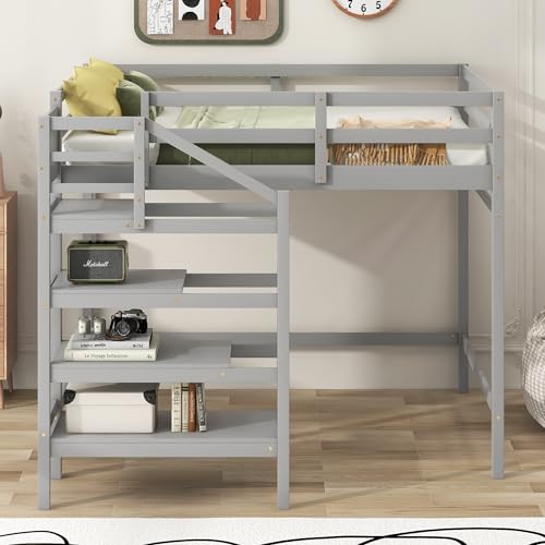 Full Size Gray Wooden Loft Bed with Staircase and Storage Wardrobe H54327