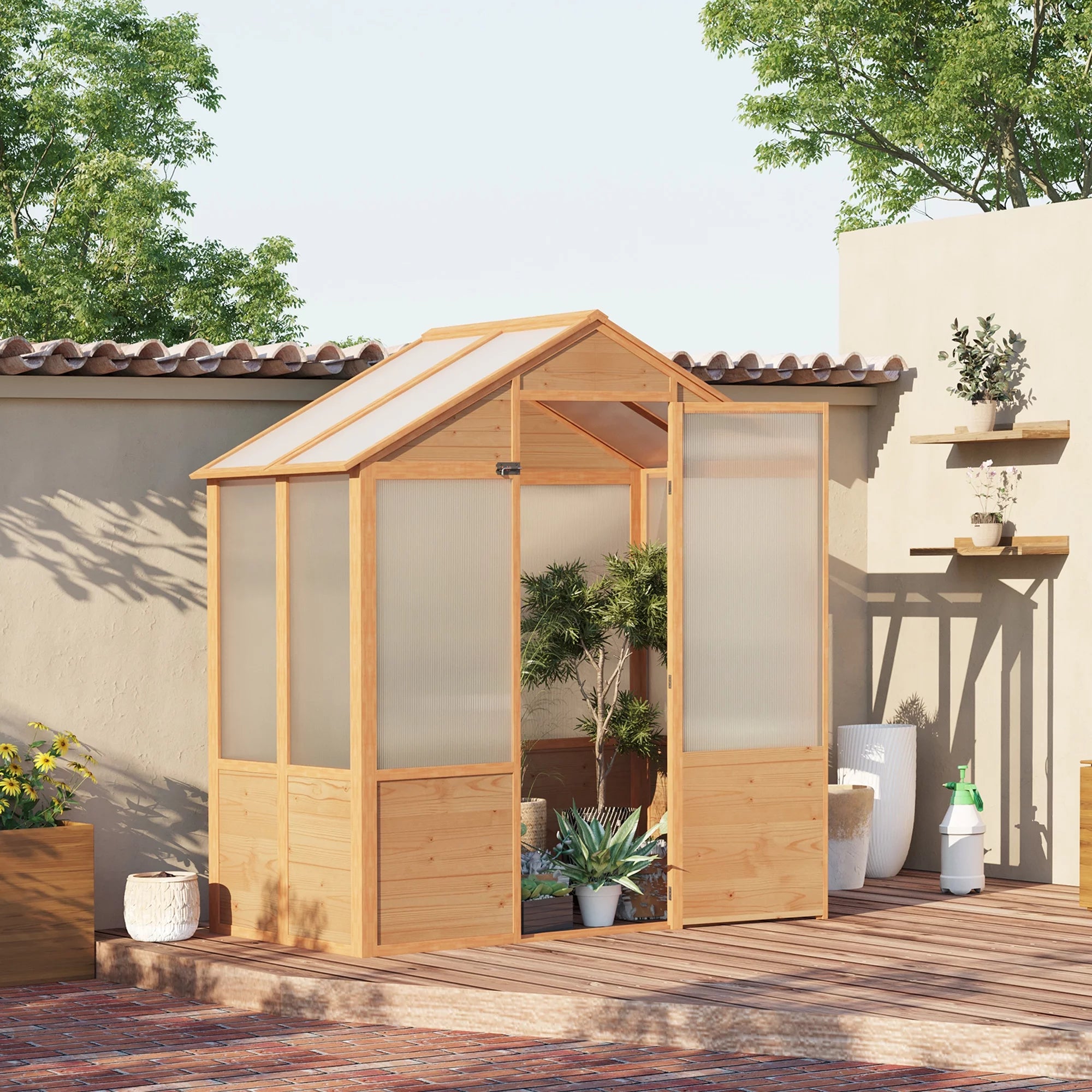 Natural Polycarbonate Wooden Greenhouse Q8482