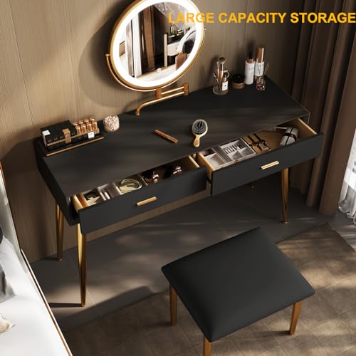 Black 31.5in Vanity Desk Set with 360° Rotating Mirror and Lights, 2 Drawers, Stool M352738