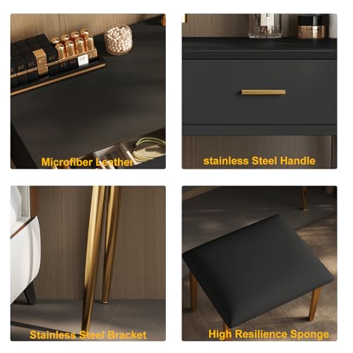 Black 31.5in Vanity Desk Set with 360° Rotating Mirror and Lights, 2 Drawers, Stool M352738