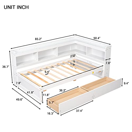 White Pine Wood Twin Size Platform Bed with L-shaped Bookcase Headboard and 2 Storage Drawers S79788