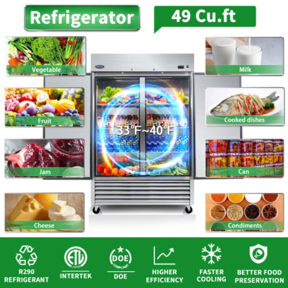 54" Commercial Refrigerator 49 Cu.ft 2 Solid Door Reach-In Stainless Steel Upright Fridge L503801