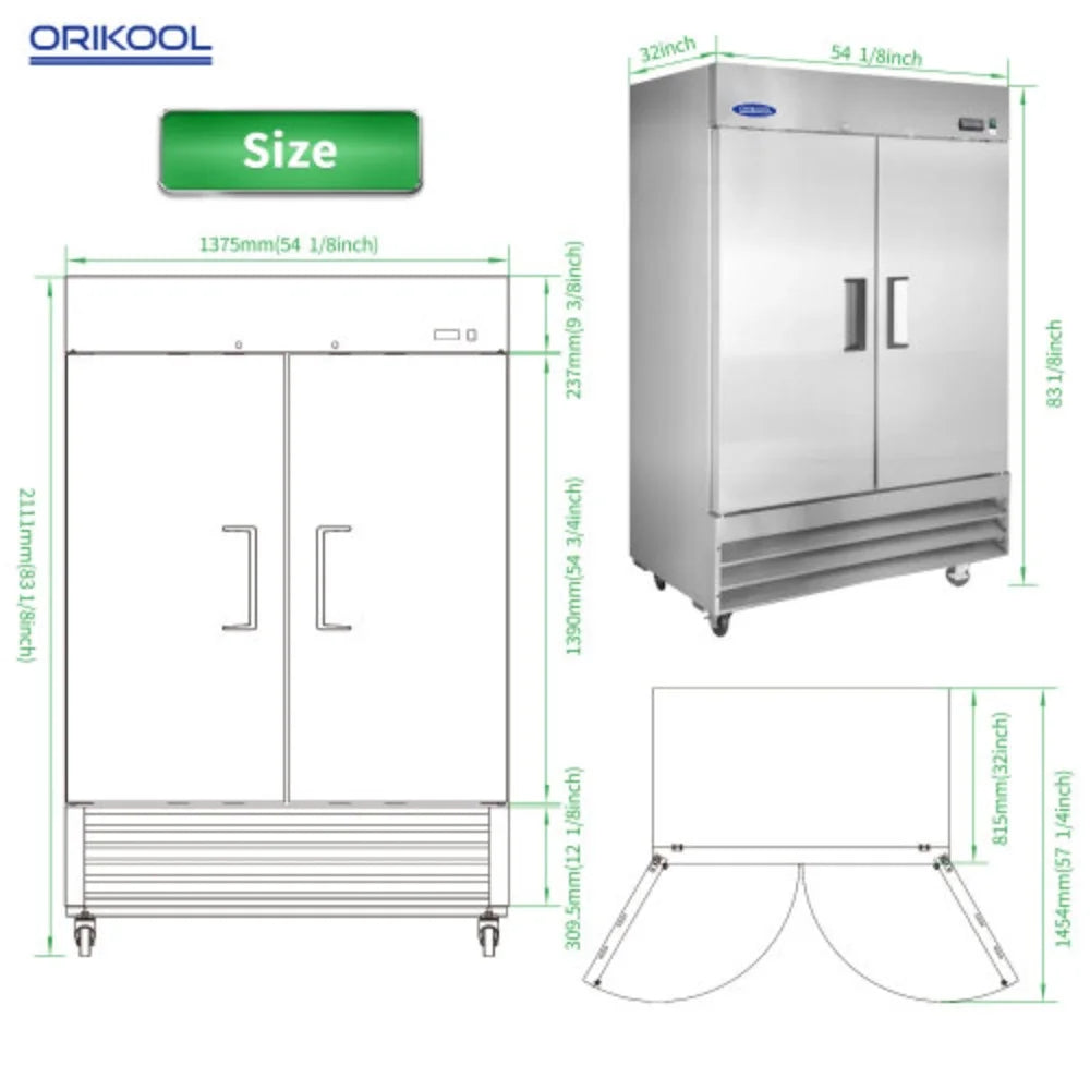54" Commercial Refrigerator 49 Cu.ft 2 Solid Door Reach-In Stainless Steel Upright Fridge L503801