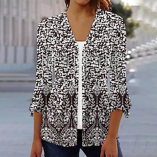 3/4 Sleeve Bell V Neck Graphic T Shirts Button Pleated Tops Floral Blouse K19396
