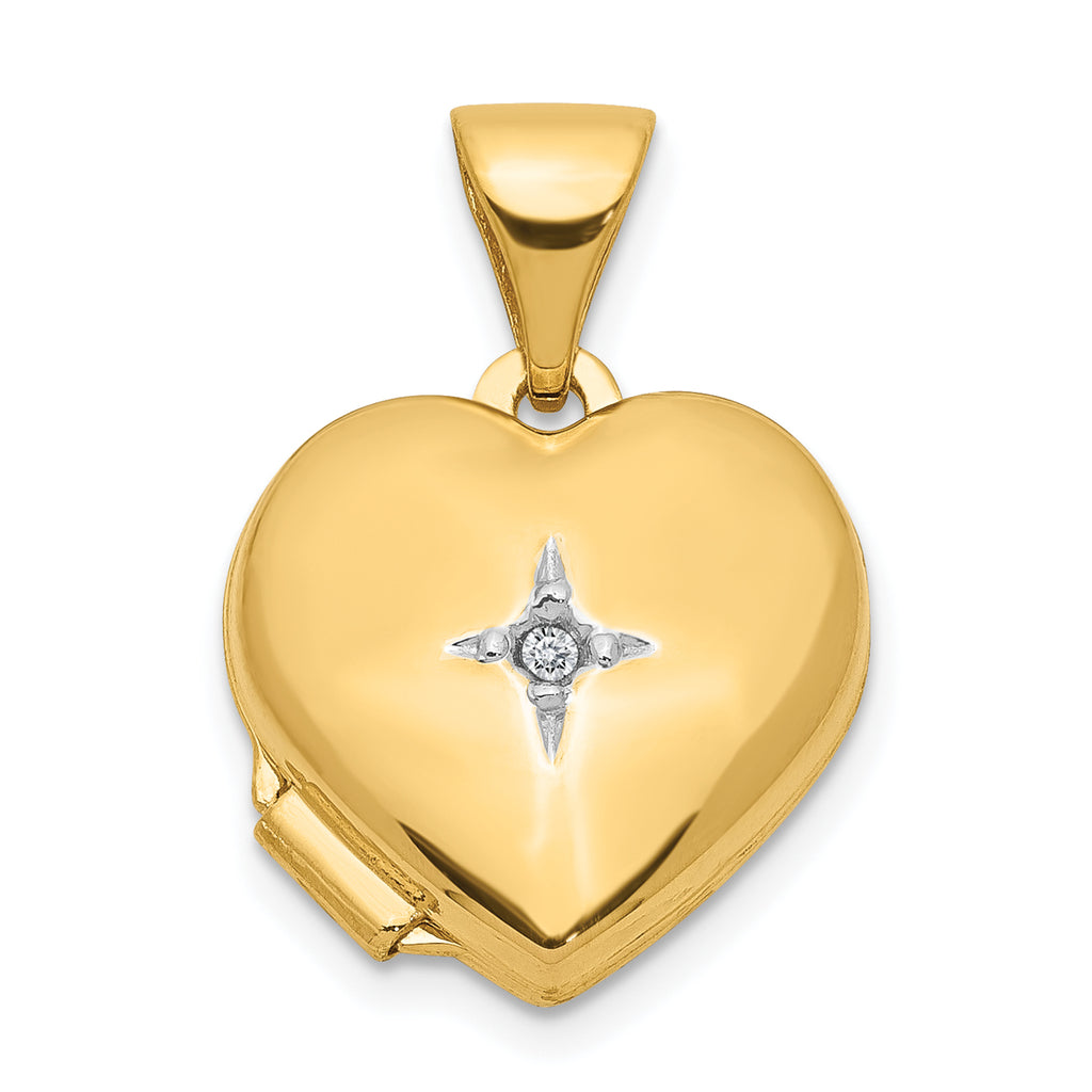 14 Karat Yellow Gold 12mm Heart Diamond Locket on 18-inch Cable Rope Chain B2197