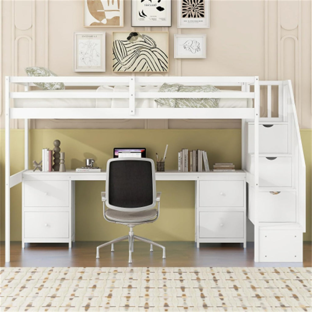 White double loft bunk bed frame with built-in desk and storage drawers A9652