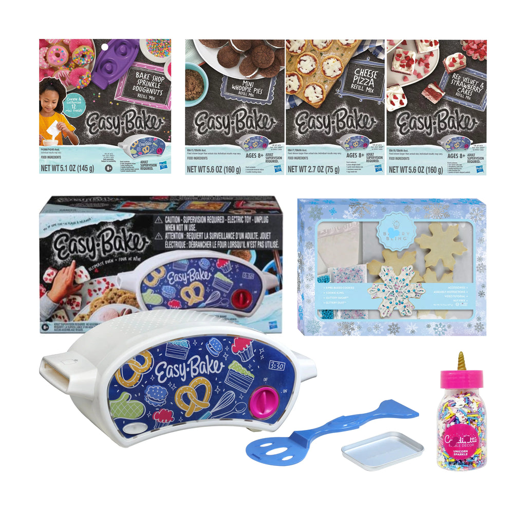 Easy Bake Oven Set with Baking Accessories - 4 Refill mixes (Red Velvet Strawberry Cupcakes, Donut, Pizza and Whoopie Pies), Unicorn Sprinkles D667