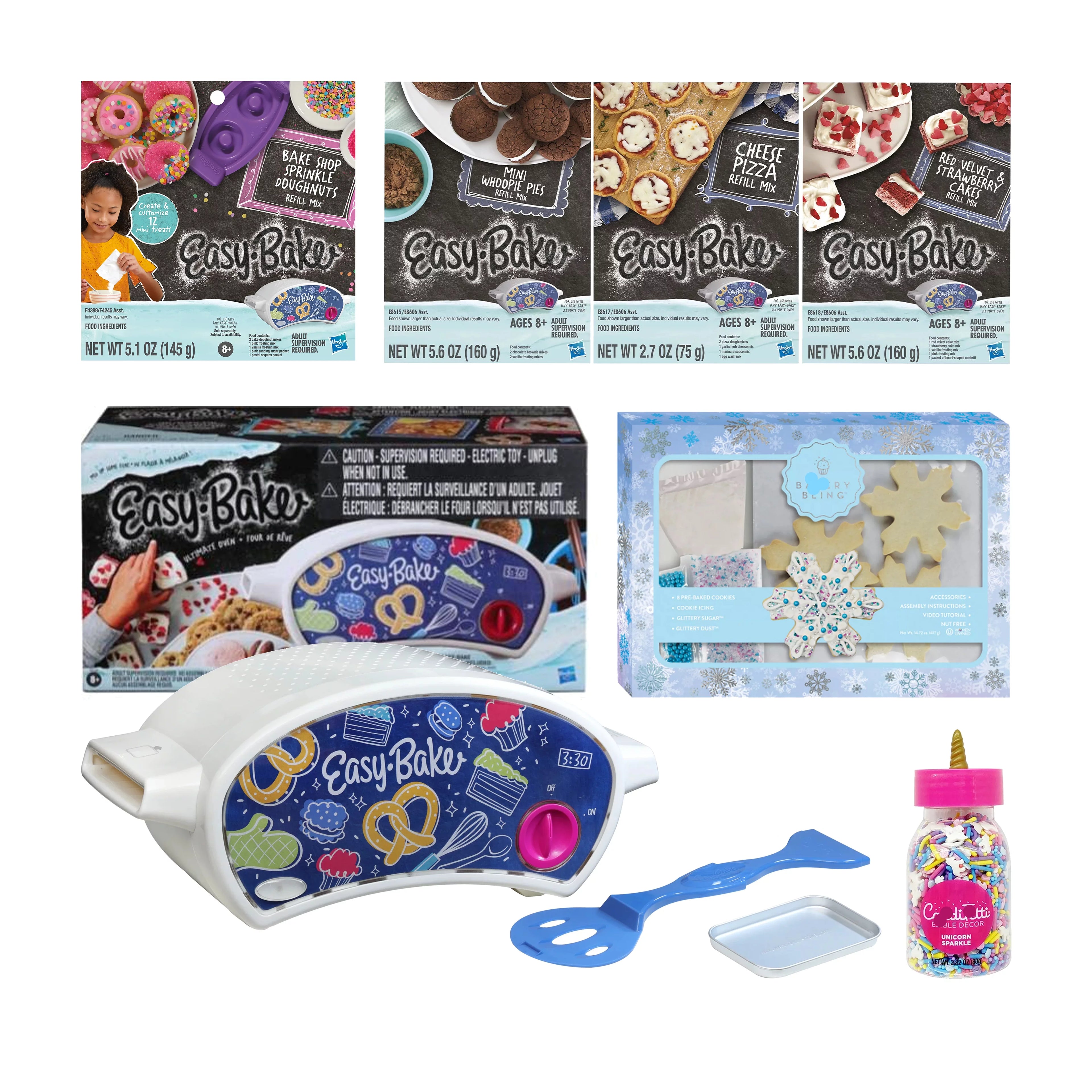 Easy Bake Oven Set with Baking Accessories - 4 Refill mixes (Red Velvet Strawberry Cupcakes, Donut, Pizza and Whoopie Pies), Unicorn Sprinkles D667