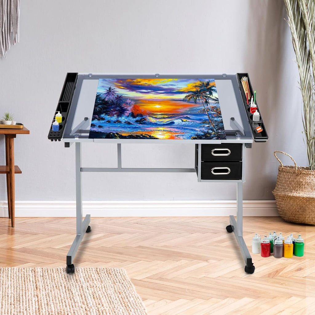 Height Adjustable Drafting Table with Storage Drawers and Wheels G800
