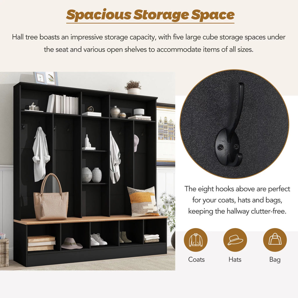 Black Hall Tree with Storage Bench and 8 Hooks P499768