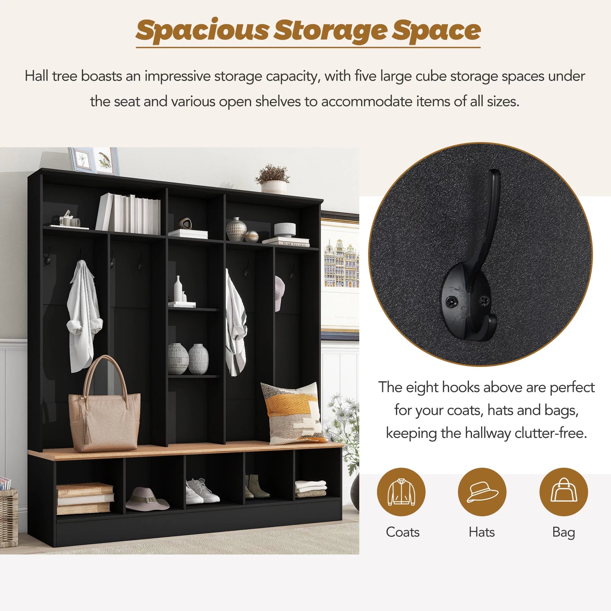 Black Hall Tree with Storage Bench and 8 Hooks P499768