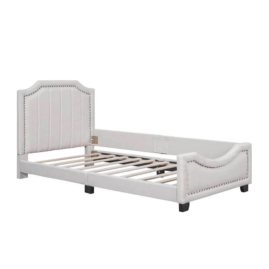 Twin Upholstered Platform Bed with Nailhead Trim and Guardrail D752