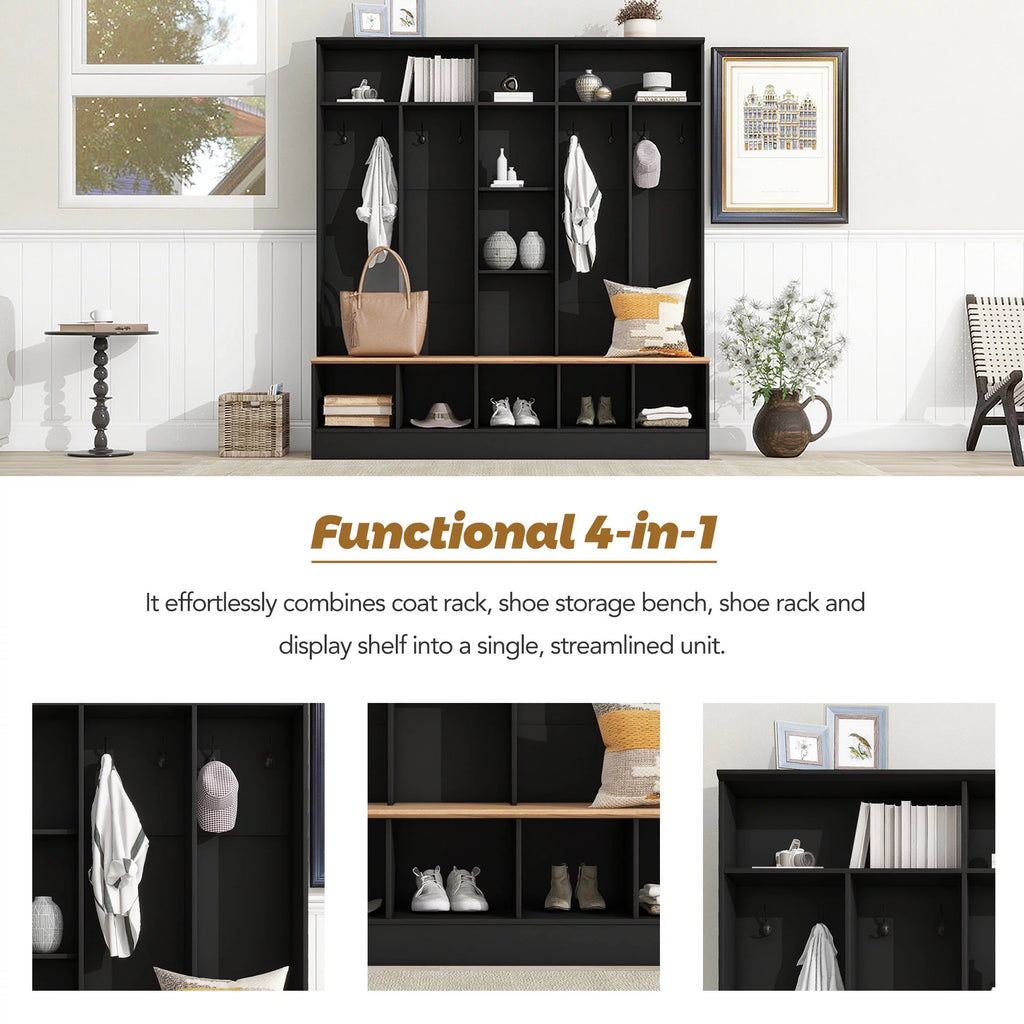Black Hall Tree with Storage Bench and 8 Hooks P499768