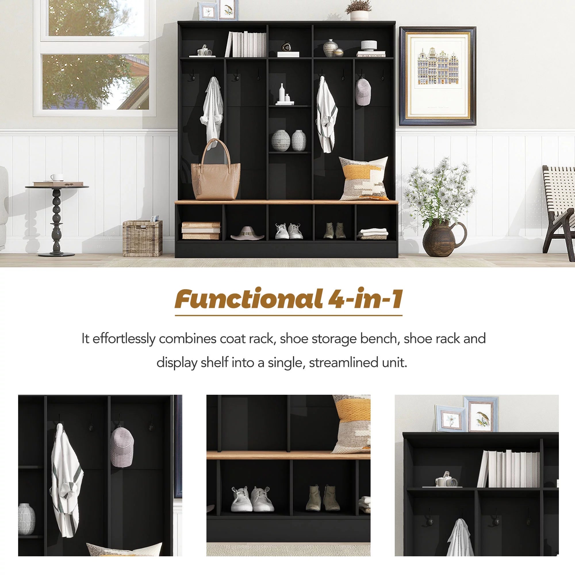 Black Hall Tree with Storage Bench and 8 Hooks P499768