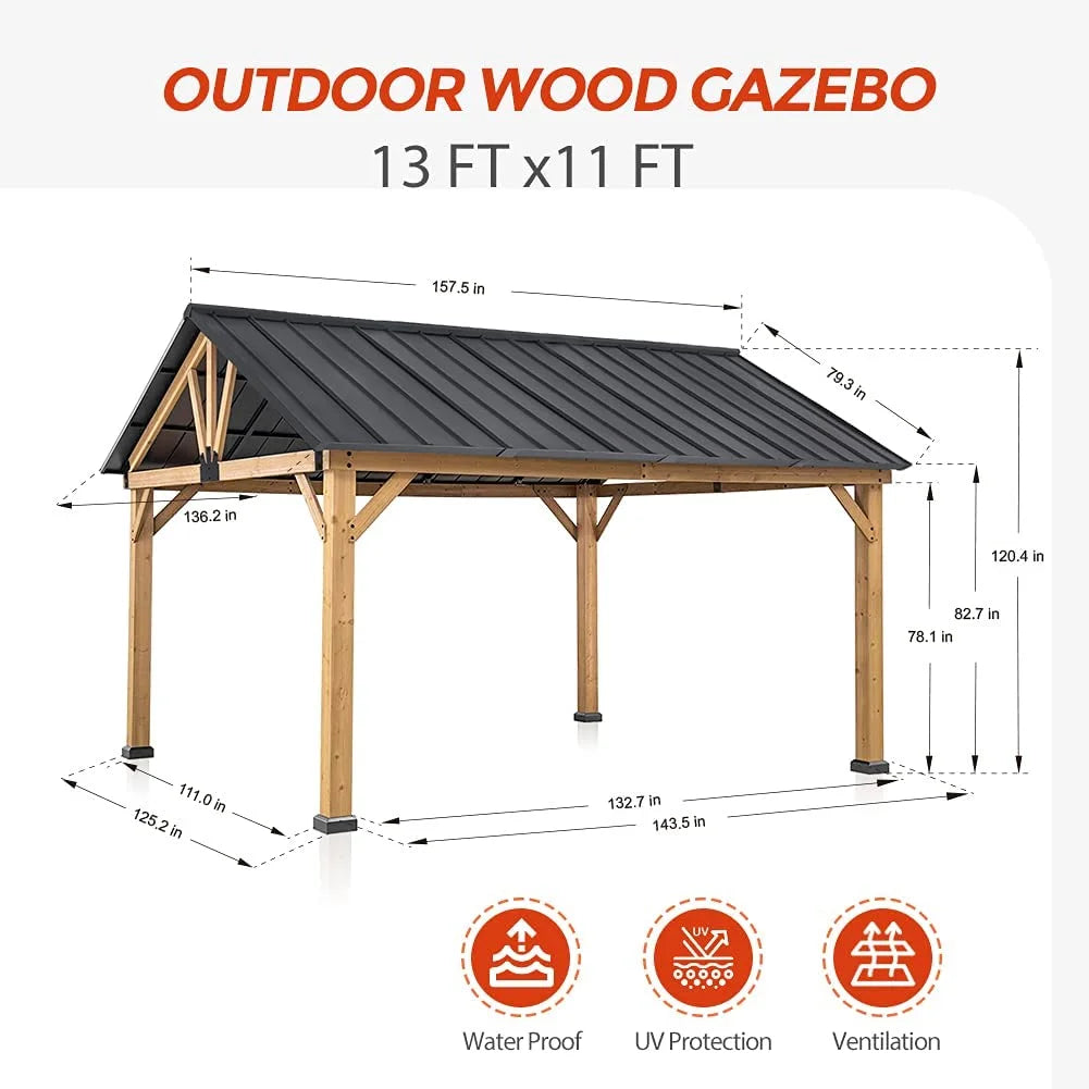 13'x 11' Solid Wood Patio Gazebo with Black Steel Gable Hardtop Roof P4664