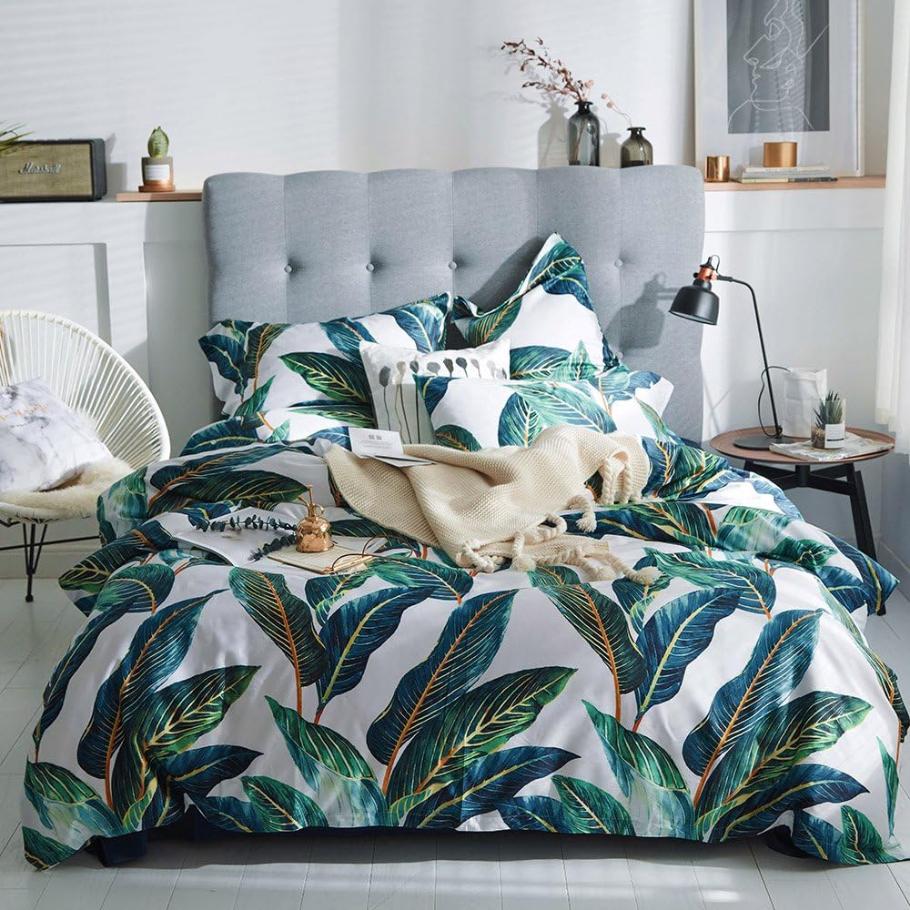 White Queen Green Tropical Leaves Pattern Reversible Cotton Duvet Cover Set C3084