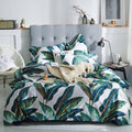 White Queen Green Tropical Leaves Pattern Reversible Cotton Duvet Cover Set C3084