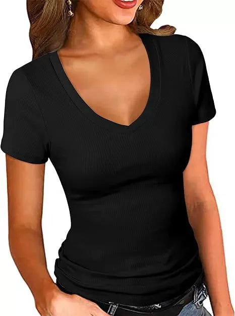 Summer  Women's Slim Fit V-Neck Short Sleeve Pure Color T-Shirt Casual Style New Fashion Top Quality Cotton Polyester